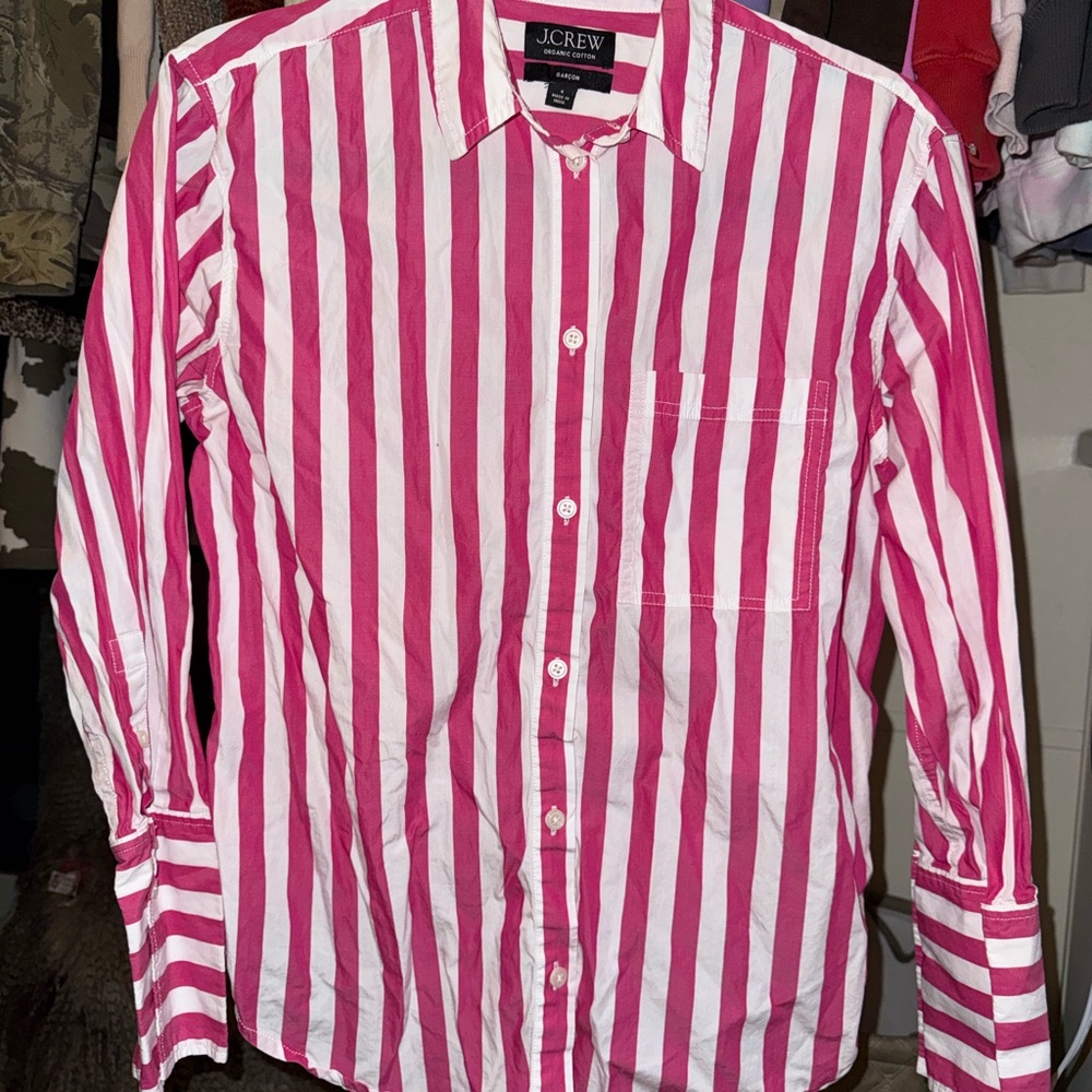 J. Crew Men's Shirt with Bold Pink and White Stripes